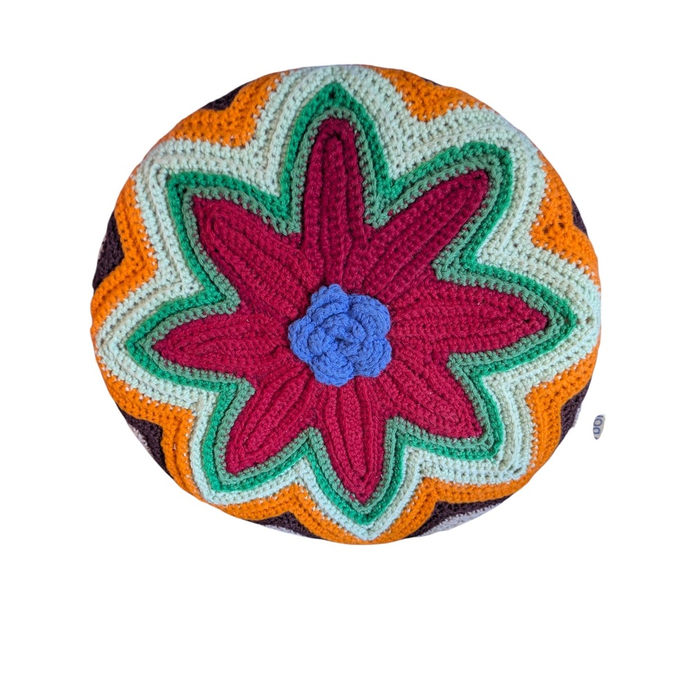 Handmade Crochet Floral Round Throw Pillow Colorful Decorative Cushion